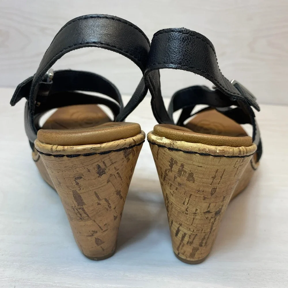 B.O.C. Womens 7M Wedge Sandals Strappy Cork Black Z13703 Boho Comfort